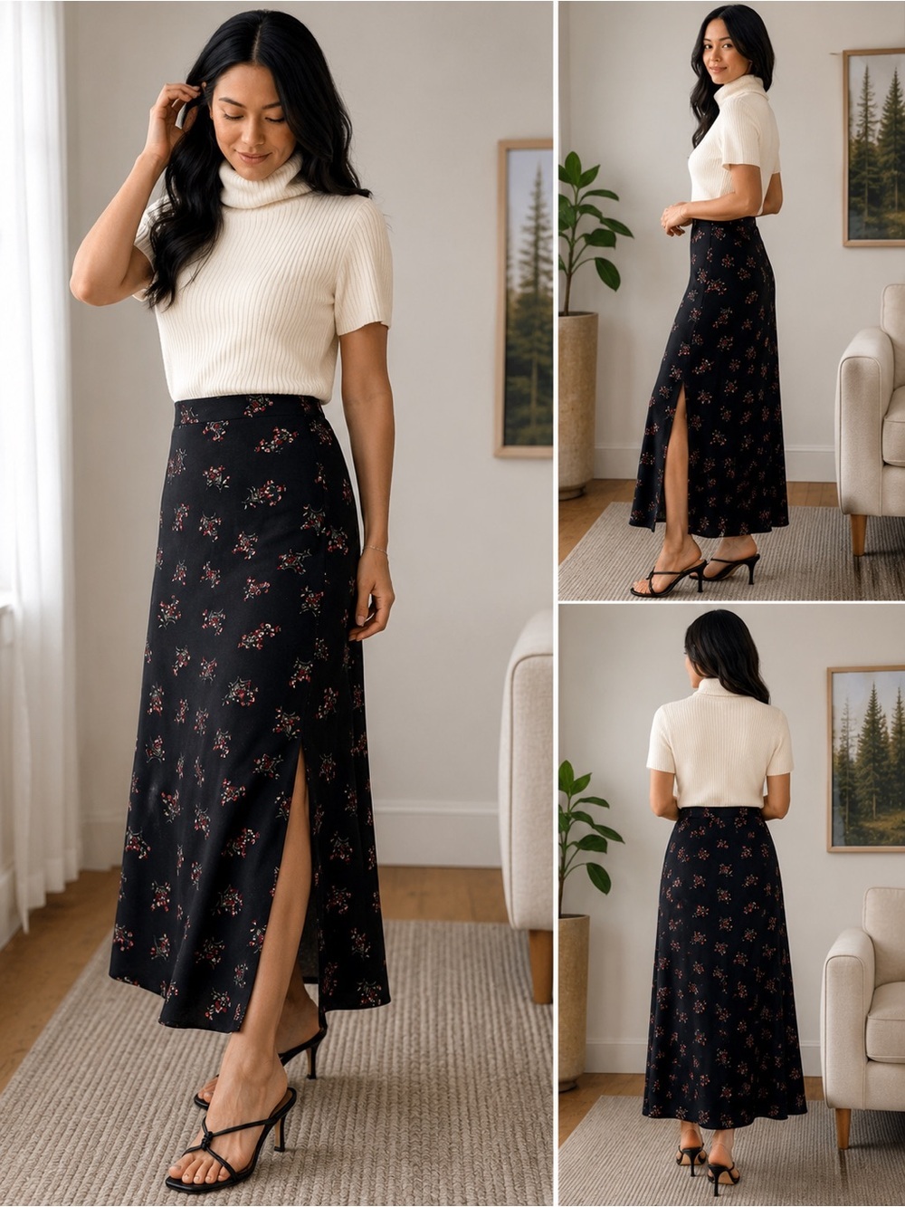 Abercrombie & Fitch Floral Midi Skirt Black High Waist, Side Slit Cottagecore M